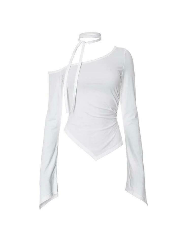 Y2K Aesthetic Slanted Neck Ruched Irregular Hem Long Sleeve Tee - Coquette Fashion Y2K Aesthetic Slanted Neck Ruched Irregular Hem Long Sleeve Tee - Coquette Fashion