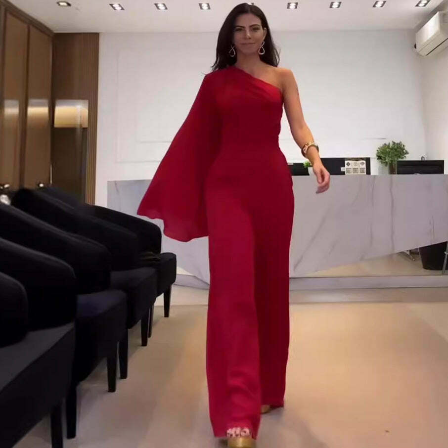 Y2K Aesthetic Slanted Shoulder Wide Leg Jumpsuit for Women - Coquette Style Grunge Fashion Y2K Aesthetic Slanted Shoulder Wide Leg Jumpsuit for Women - Coquette Style Grunge Fashion