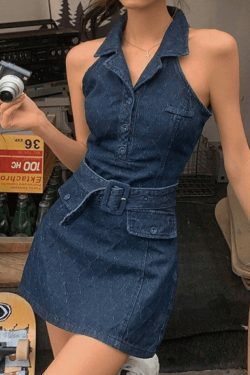 Y2K Aesthetic Sleeveless Denim Mini Dress with Polo Collar - Coquette & Grunge Style