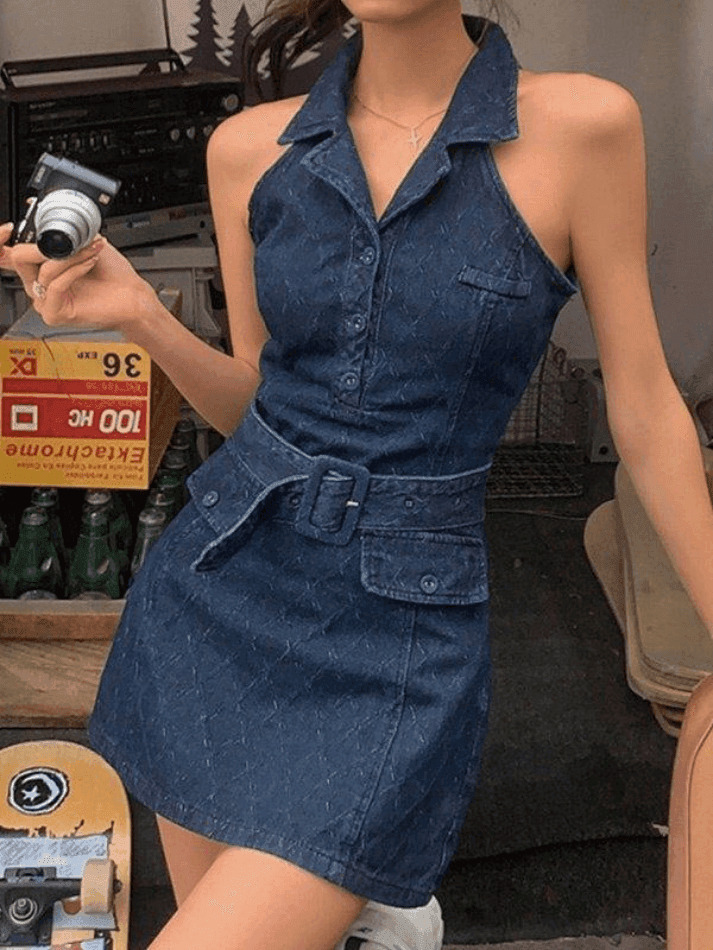 Y2K Aesthetic Sleeveless Denim Mini Dress with Polo Collar - Coquette & Grunge Style Y2K Aesthetic Sleeveless Denim Mini Dress with Polo Collar - Coquette & Grunge Style