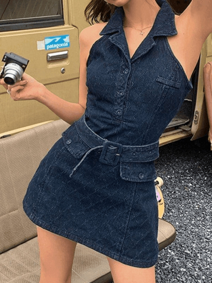 Y2K Aesthetic Sleeveless Denim Mini Dress with Polo Collar - Coquette & Grunge Style Y2K Aesthetic Sleeveless Denim Mini Dress with Polo Collar - Coquette & Grunge Style