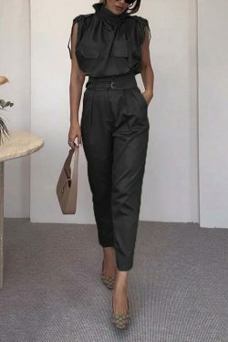 Y2K Aesthetic Sleeveless Turtle Neck Suit - Coquette Grunge with Old Money Elegance