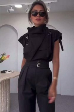 Y2K Aesthetic Slim-Fit Suit with High-Neck Vest for Niche Women Fashion