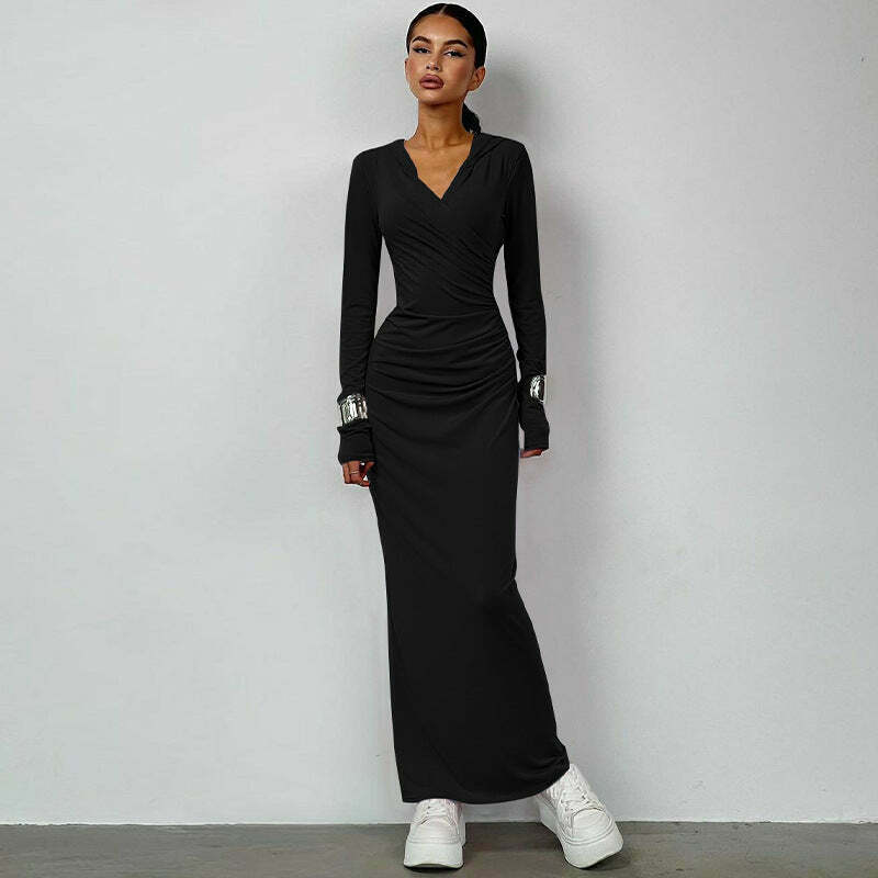 Y2K Aesthetic Slim Hooded Dress for Women - Coquette Style Grunge Fashion with Pastel Goth Vibes Y2K Aesthetic Slim Hooded Dress for Women - Coquette Style Grunge Fashion with Pastel Goth Vibes