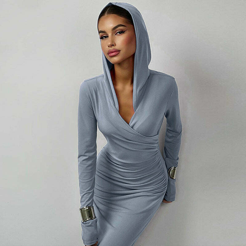 Y2K Aesthetic Slim Hooded Dress for Women - Coquette Style Grunge Fashion with Pastel Goth Vibes Y2K Aesthetic Slim Hooded Dress for Women - Coquette Style Grunge Fashion with Pastel Goth Vibes