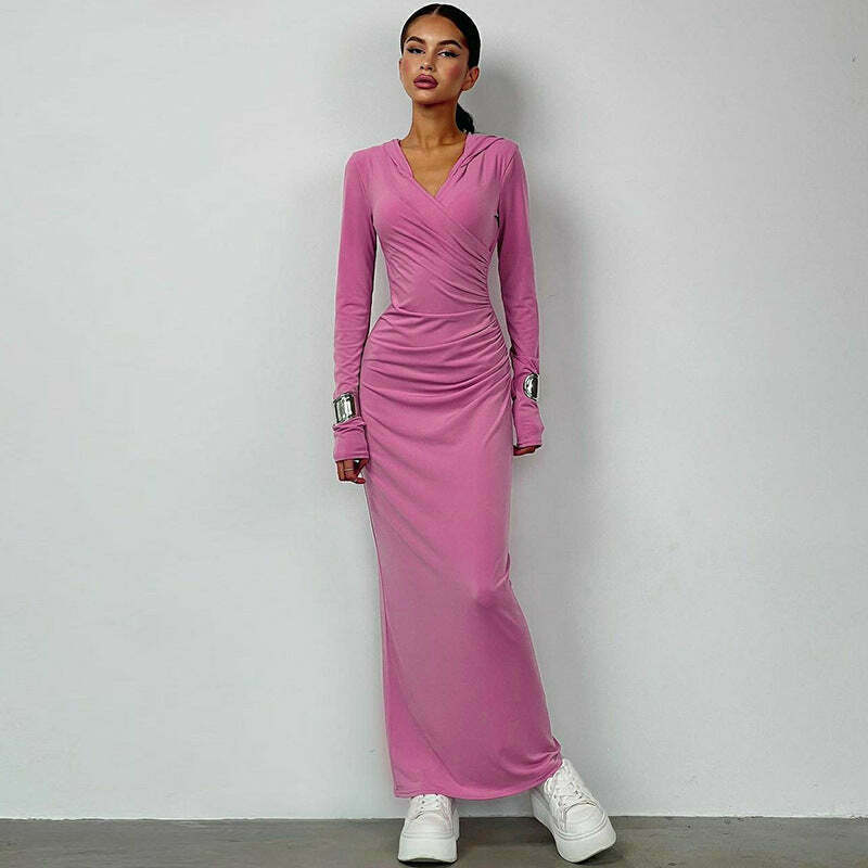 Y2K Aesthetic Slim Hooded Dress for Women - Coquette Style Grunge Fashion with Pastel Goth Vibes Y2K Aesthetic Slim Hooded Dress for Women - Coquette Style Grunge Fashion with Pastel Goth Vibes