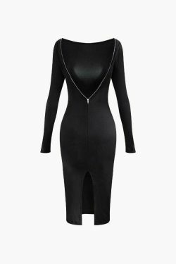 Y2K Aesthetic Solid Backless Slit Midi Dress for Women - Coquette & Grunge Style Fashion