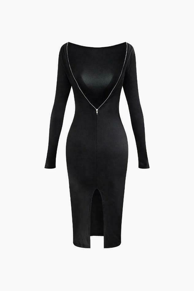 Y2K Aesthetic Solid Backless Slit Midi Dress for Women - Coquette & Grunge Style Fashion Y2K Aesthetic Solid Backless Slit Midi Dress for Women - Coquette & Grunge Style Fashion