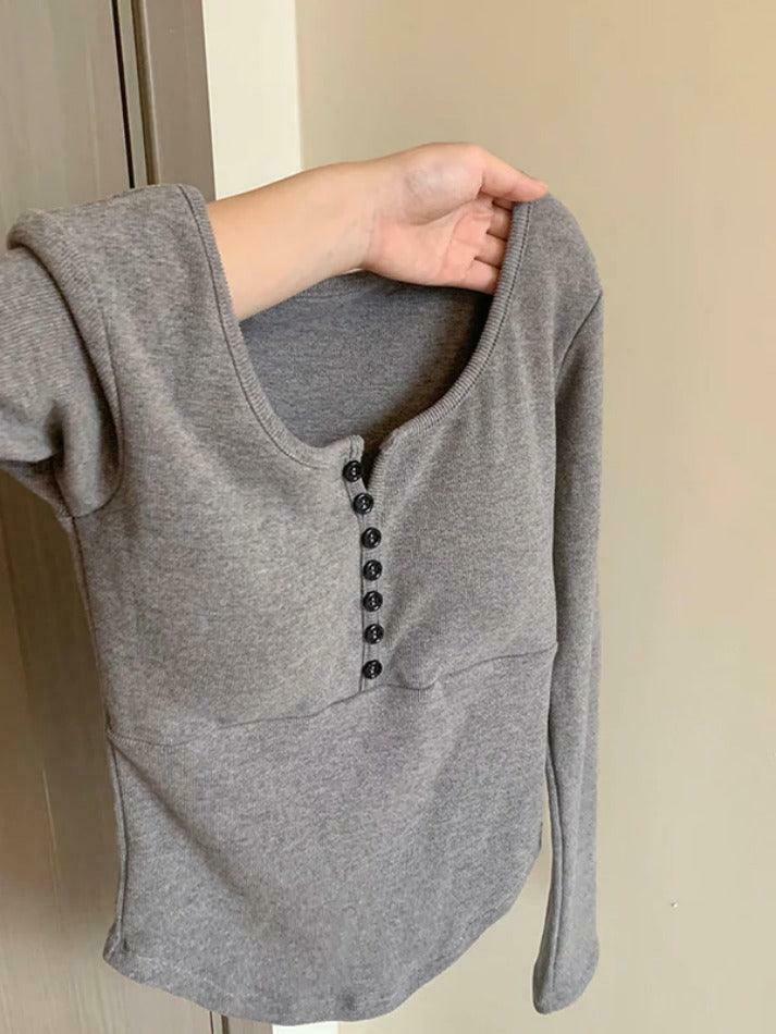 Y2K Aesthetic Solid Breasted Slim Long Sleeve Tee - Coquette & Grunge Style Women's Fashion Y2K Aesthetic Solid Breasted Slim Long Sleeve Tee - Coquette & Grunge Style Women's Fashion