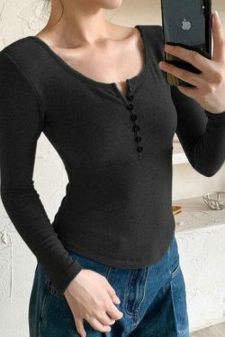 Y2K Aesthetic Solid Breasted Slim Long Sleeve Tee - Coquette & Grunge Style Women's Fashion