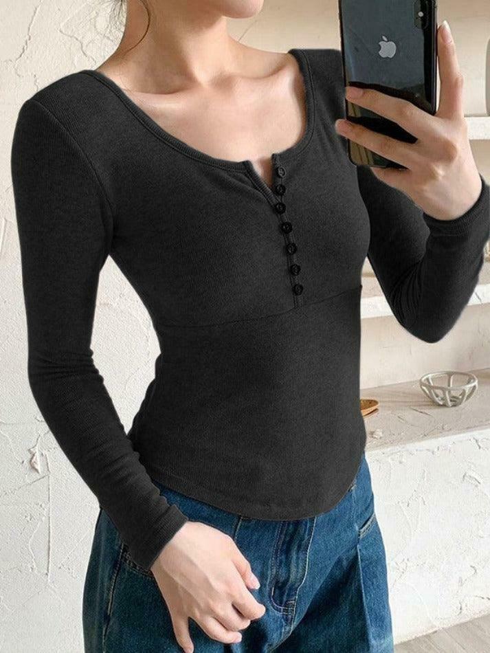 Y2K Aesthetic Solid Breasted Slim Long Sleeve Tee - Coquette & Grunge Style Women's Fashion Y2K Aesthetic Solid Breasted Slim Long Sleeve Tee - Coquette & Grunge Style Women's Fashion