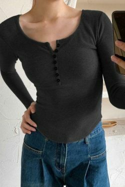 Y2K Aesthetic Solid Breasted Slim Long Sleeve Tee - Coquette & Grunge Style Women's Fashion