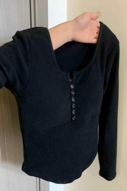 Y2K Aesthetic Solid Breasted Slim Long Sleeve Tee - Coquette & Grunge Style Women's Fashion