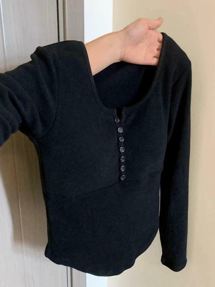 Y2K Aesthetic Solid Breasted Slim Long Sleeve Tee - Coquette & Grunge Style Women's Fashion Y2K Aesthetic Solid Breasted Slim Long Sleeve Tee - Coquette & Grunge Style Women's Fashion