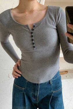 Y2K Aesthetic Solid Breasted Slim Long Sleeve Tee - Coquette & Grunge Style Women's Fashion