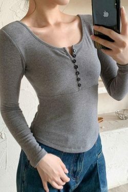 Y2K Aesthetic Solid Breasted Slim Long Sleeve Tee - Coquette & Grunge Style Women's Fashion