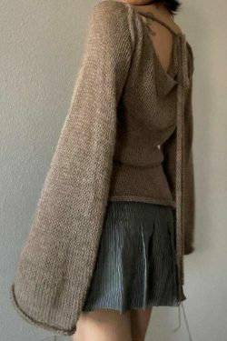 Y2K Aesthetic Solid Color Backless Lace-Up Knit Top for Women - Coquette & Grunge Style