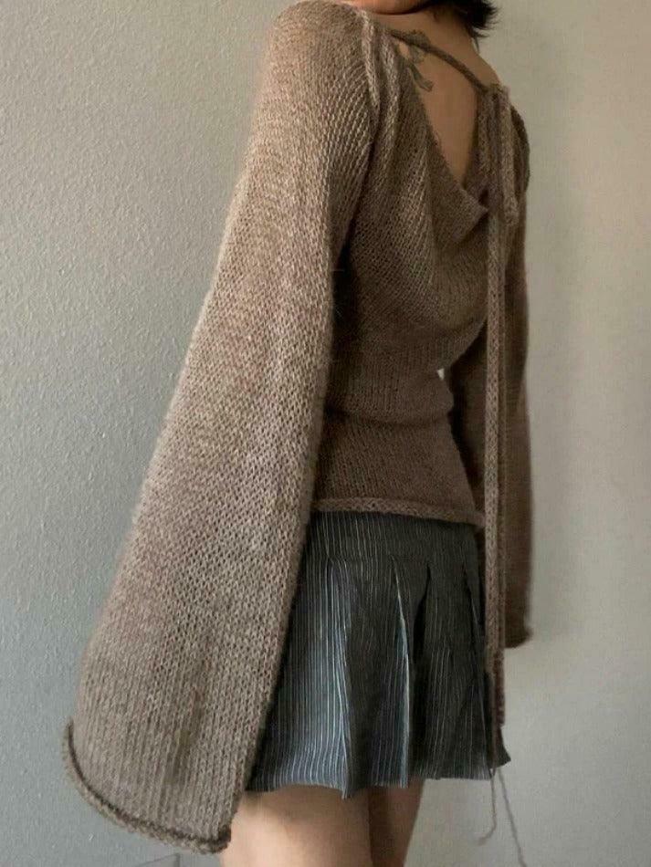 Y2K Aesthetic Solid Color Backless Lace-Up Knit Top for Women - Coquette & Grunge Style Y2K Aesthetic Solid Color Backless Lace-Up Knit Top for Women - Coquette & Grunge Style