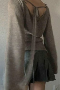 Y2K Aesthetic Solid Color Backless Lace-Up Knit Top for Women - Coquette & Grunge Style