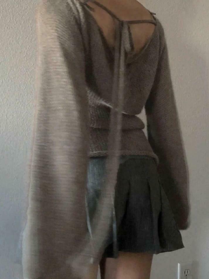 Y2K Aesthetic Solid Color Backless Lace-Up Knit Top for Women - Coquette & Grunge Style Y2K Aesthetic Solid Color Backless Lace-Up Knit Top for Women - Coquette & Grunge Style