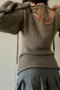 Y2K Aesthetic Solid Color Backless Lace-Up Knit Top for Women - Coquette & Grunge Style