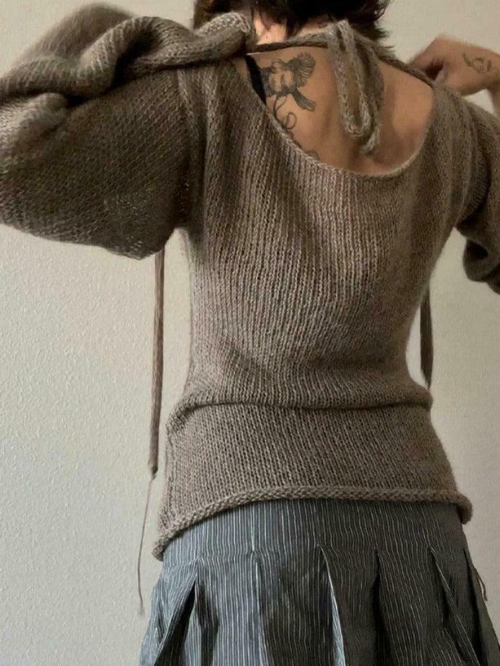 Y2K Aesthetic Solid Color Backless Lace-Up Knit Top for Women - Coquette & Grunge Style Y2K Aesthetic Solid Color Backless Lace-Up Knit Top for Women - Coquette & Grunge Style