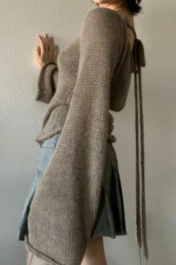 Y2K Aesthetic Solid Color Backless Lace-Up Knit Top for Women - Coquette & Grunge Style