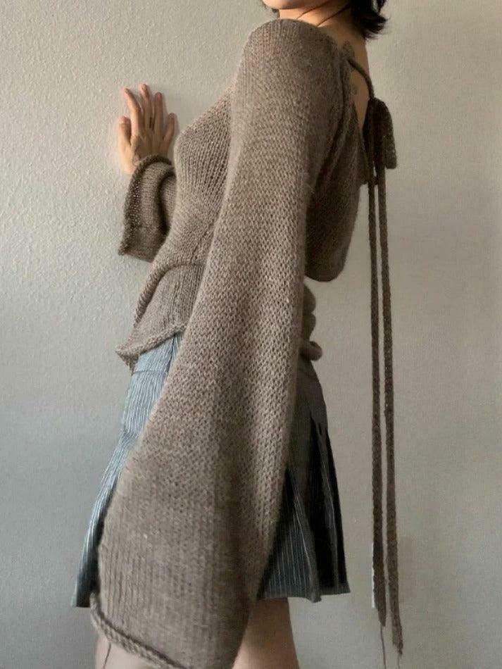 Y2K Aesthetic Solid Color Backless Lace-Up Knit Top for Women - Coquette & Grunge Style Y2K Aesthetic Solid Color Backless Lace-Up Knit Top for Women - Coquette & Grunge Style