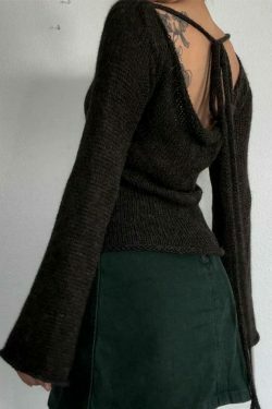 Y2K Aesthetic Solid Color Backless Lace-Up Knit Top for Women - Coquette & Grunge Style