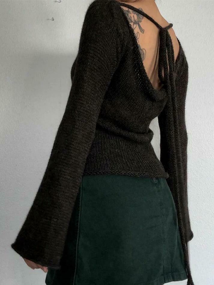 Y2K Aesthetic Solid Color Backless Lace-Up Knit Top for Women - Coquette & Grunge Style Y2K Aesthetic Solid Color Backless Lace-Up Knit Top for Women - Coquette & Grunge Style