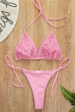 Y2K Aesthetic Solid Color Beaded Pearls Bikini for Niche Women Fashion