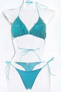 Y2K Aesthetic Solid Color Beaded Pearls Bikini for Niche Women Fashion
