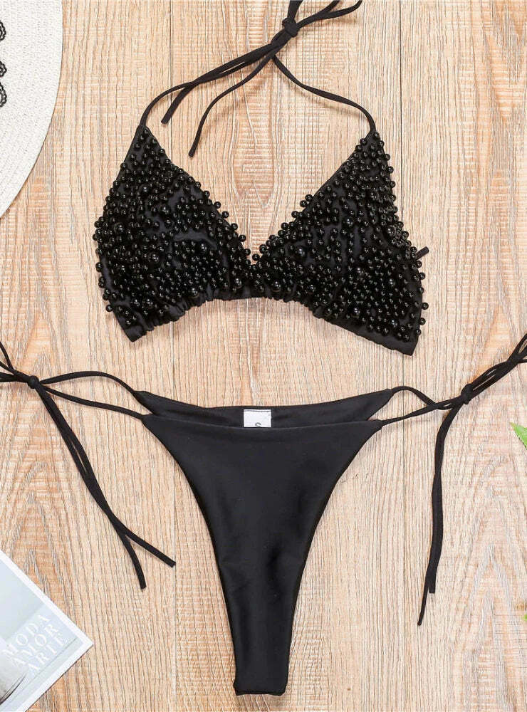 Y2K Aesthetic Solid Color Beaded Pearls Bikini for Niche Women Fashion Y2K Aesthetic Solid Color Beaded Pearls Bikini for Niche Women Fashion