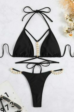Y2K Aesthetic Solid Color Bikini with Pearl Straps - Coquette Fashion for Women
