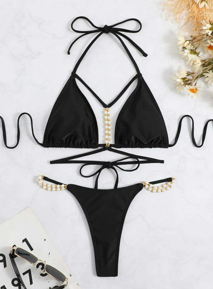 Y2K Aesthetic Solid Color Bikini with Pearl Straps - Coquette Fashion for Women Y2K Aesthetic Solid Color Bikini with Pearl Straps - Coquette Fashion for Women