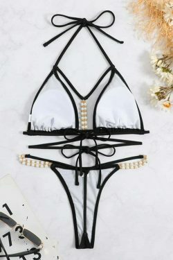 Y2K Aesthetic Solid Color Bikini with Pearl Straps - Coquette Fashion for Women