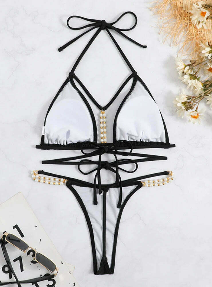 Y2K Aesthetic Solid Color Bikini with Pearl Straps - Coquette Fashion for Women Y2K Aesthetic Solid Color Bikini with Pearl Straps - Coquette Fashion for Women