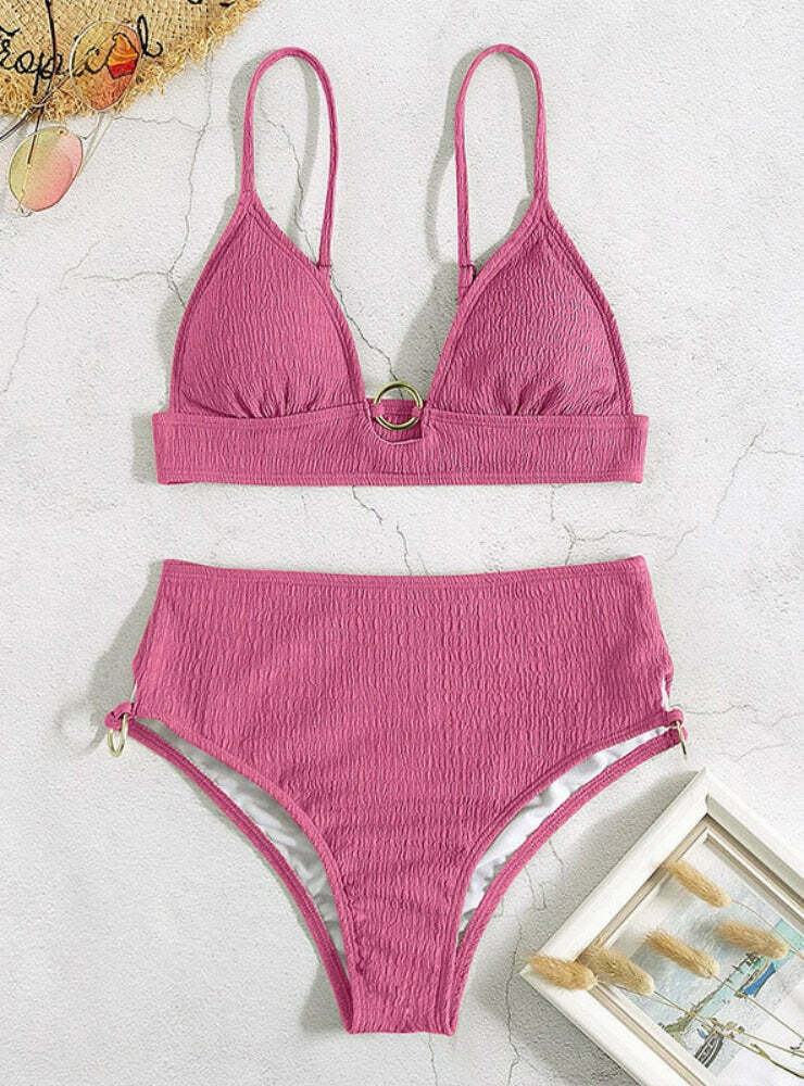 Y2K Aesthetic Solid Color Chest Gathered Split Bikini
