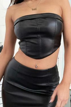 Y2K Aesthetic Solid Color Curvy Hem Bandeau Slit Leather Two Piece Set
