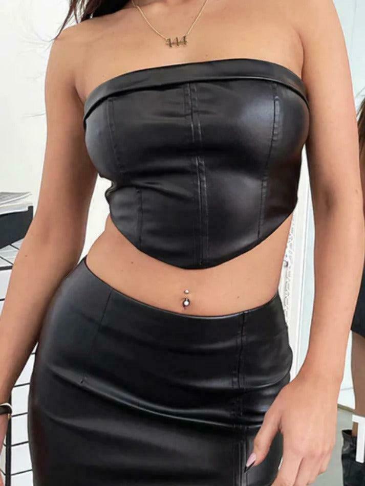 Y2K Aesthetic Solid Color Curvy Hem Bandeau Slit Leather Two Piece Set
