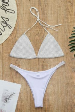 Y2K Aesthetic Solid Color Diamond Rhinestone Split Swimsuit