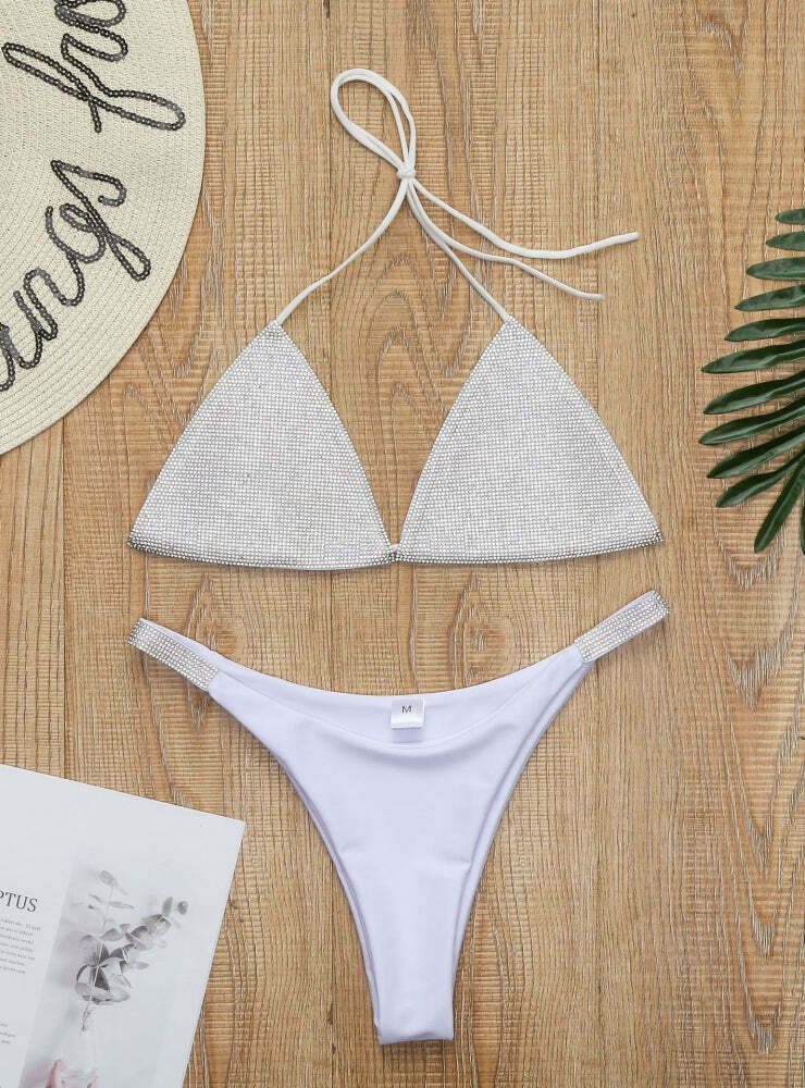 Y2K Aesthetic Solid Color Diamond Rhinestone Split Swimsuit Y2K Aesthetic Solid Color Diamond Rhinestone Split Swimsuit