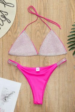 Y2K Aesthetic Solid Color Diamond Rhinestone Split Swimsuit