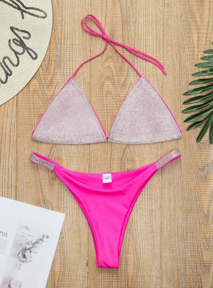 Y2K Aesthetic Solid Color Diamond Rhinestone Split Swimsuit Y2K Aesthetic Solid Color Diamond Rhinestone Split Swimsuit