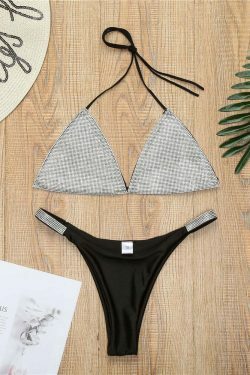 Y2K Aesthetic Solid Color Diamond Rhinestone Split Swimsuit