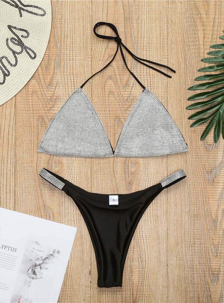 Y2K Aesthetic Solid Color Diamond Rhinestone Split Swimsuit Y2K Aesthetic Solid Color Diamond Rhinestone Split Swimsuit