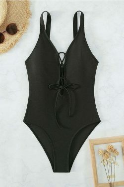 Y2K Aesthetic Solid Color Drawstring Swimsuit for Women - Coquette Style Grunge Outfits