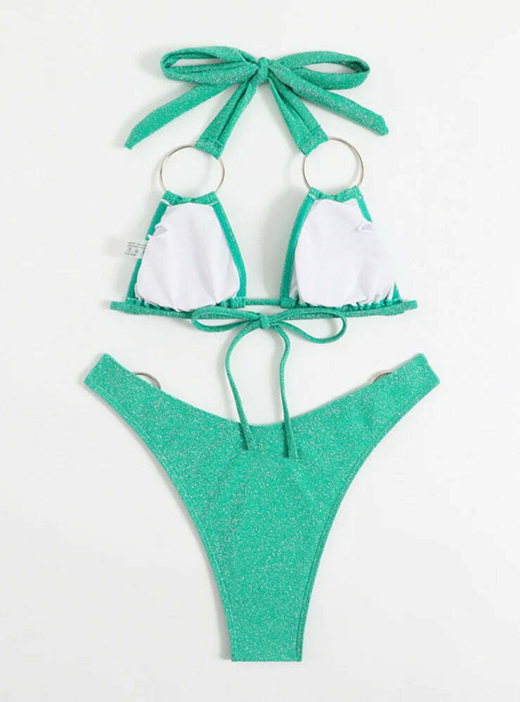 Y2K Aesthetic Solid Color Halter Bikini - Coquette & Grunge Style Women's Fashion Y2K Aesthetic Solid Color Halter Bikini - Coquette & Grunge Style Women's Fashion