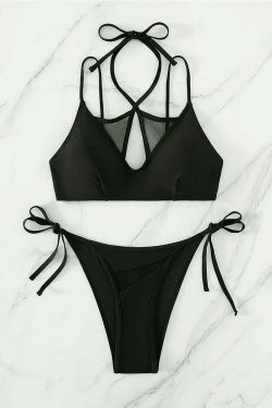 Y2K Aesthetic Solid Color Halter Bikini - Coquette Fashion for Women