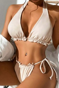 Y2K Aesthetic Solid Color Halter Bikini - Coquette Style Grunge Fashion Women's Swimwear